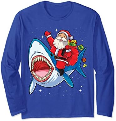 Unisex Santa Riding Shark T Shirt Christmas Gifts Galaxy Space Tees 2XL Royal Blue