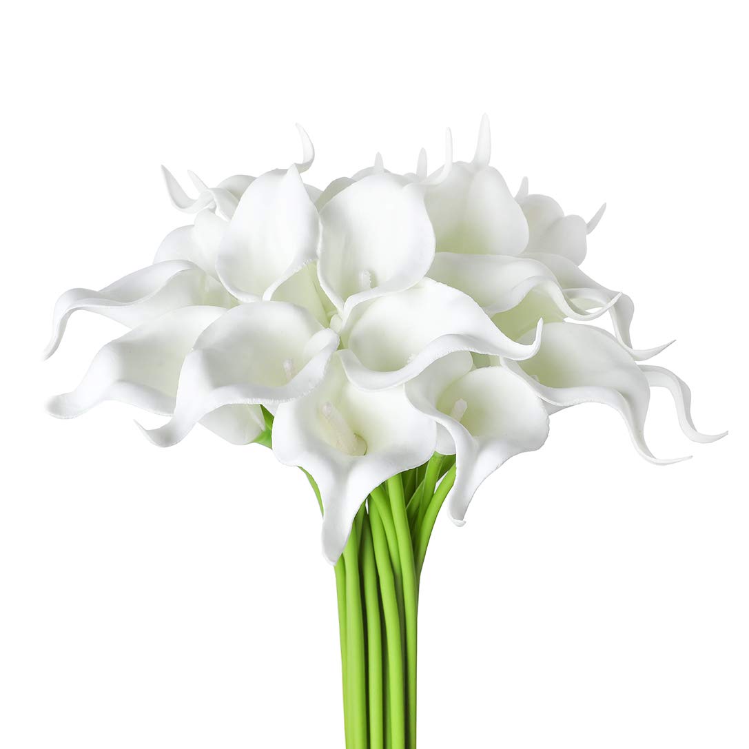 DuHouse 20Pcs Calla Lily Fake White Flowers Wedding Bouquet Artificial Real Touch Latex Flowers Home Wedding Party Decor (White)