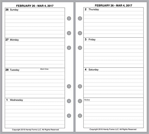 2017 Weekly Planner for Personal size notebooks by FiloFax, Kikki-K, and others. 2 Pages Per Week, Week Starts on Monday. Style B, with lines.