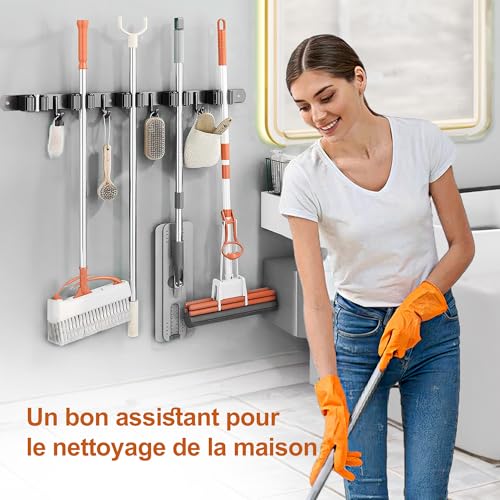 OMerima Wall Mounted Broom Holder, Stainless Steel Broom Holder - 10 Brackets + 8 Hooks, Wall Mounted Broom Holder Without Drilling Black, Can Be Used in Kitchen, Bathroom, Garden, Garage (2 Pieces)