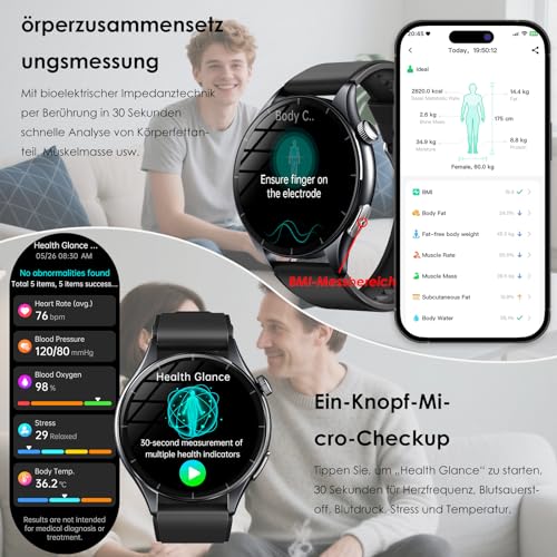 2026 Men's Smartwatch with ECG/Blood Pressure/BMI/HRV/Uric Acid/Emotion/Mood/LED Light, 1.56 Inch AMOLED Round Health Watch with SpO2/Body Temperature/Heart Rate Monitor/Sleep, SOS Emergency Call