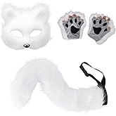 Odowalker Faux Fur Therian Mask and Tail Set White Fox Costume, Furry Mask and Fox Tail Gloves Set, Halloween Party Wolf Fox Costume for Women Cosplay Animal Party