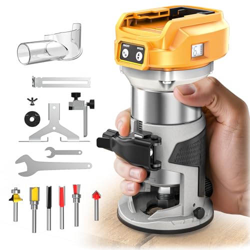 MtiolHig 30,000 RPM Compact Router compatible with DeWalt 20V, 6 Variable Speeds Cordless Router Tool for Woodworking, 800W Fixed Base Wood Router with Trim Router Bits, Edge & Roller Guide, Tool Only