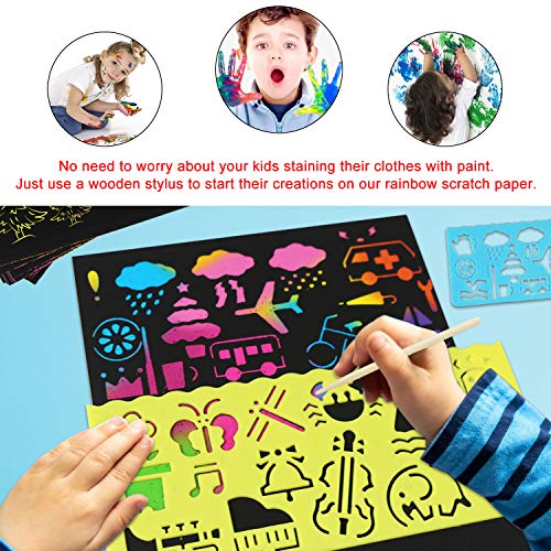 Mosoan Scratch Art Paper Set for Kids, 50pcs Rainbow Magic Scratch Off Paper Black Doodle Pads Boards with 8 Wooden Styluses, 4 Stencils and 1 Brush for Christmas Birthday Gift Easter Party Game