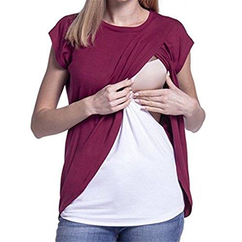 Clearance,Women's Loose Soft Layered Maternity Nursing Tops and Shirt for Breastfeeding (L, Wine Red)