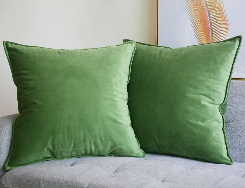 Lutanky Olive-Green Velvet Cushion Covers 45cm x 45cm Decorative Square Throw Pillow Covers (Pack of 2) Soft Piped Pillowcases for Sofa Bedroom with Invisible Zipper 18 x 18 Inch