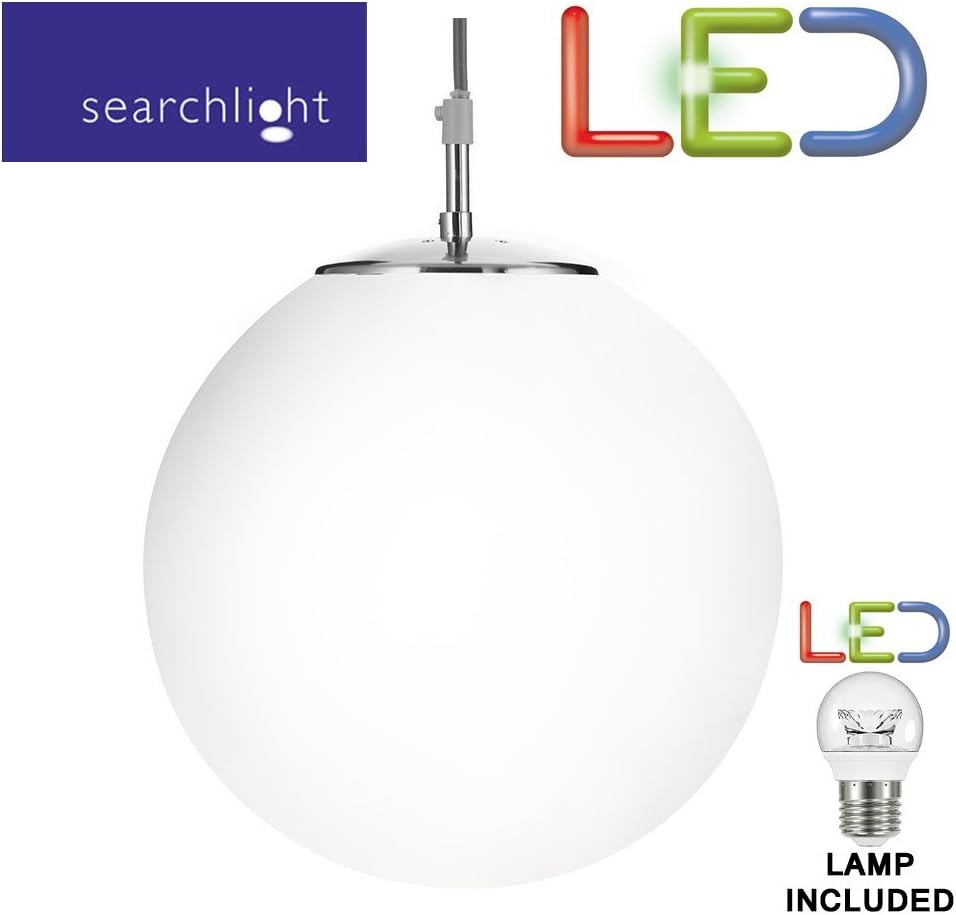 SEARCHLIGHT 6066 LED 5.9 WATT ATOM CEILING PENDANT - 250MM GLOBE - STAINLESS STEEL FINISH OPAL GLASS SPHERE - ADJUSTABLE HEIGHT - LED LAMP INCLUDED 25,000 HOURS BRIGHT 470 LUMENS ENERGY SAVING MODERN DESIGN