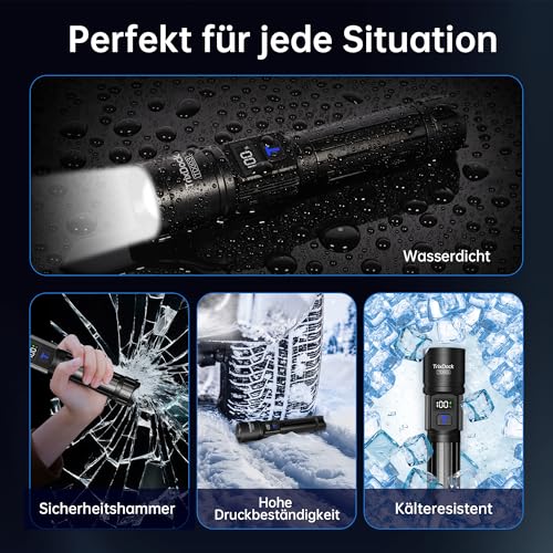 LED Rechargeable Torch Pack of 2, USB-C, Zoom, IPX6, LCD Display, 5 Modes | Extremely bright, 5 modes and zoomable, tactical with LCD display, waterproof, for camping, outdoor, survival, emergency