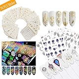 AIFAIFA 76 PCS Nail Stickers, Golden Silver Nail Art Water Transfer Decals, Metallic Nail Stickers Butterfly Lace Flower Dream Catcher Feather Nail Decorations with a Tweezer