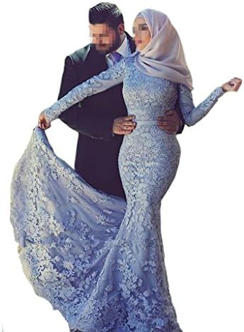 Emmani Women's Mermaid Islam Muslim Arab Africa Lace Applique Evening Dresses Blue 14