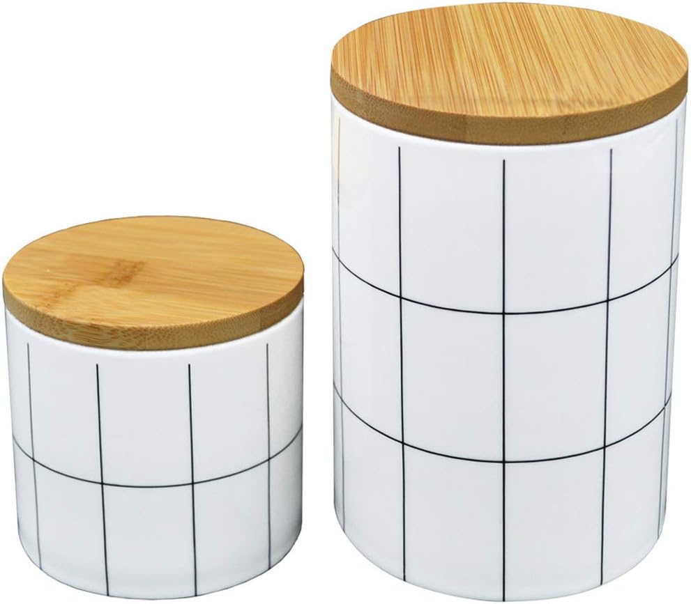 2 Pack White Ceramic Storage Jars(14oz+24oz), Kitchen Food Container with Airtight Seal Bamboo Lid, Porcelain Canister for Cookies, Coffee, Tea, Nuts And More