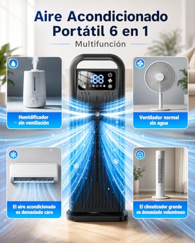 Portable Air Conditioner with Remote Control, 5 in 1 Water Fan, 1.2L Evaporative Climater, Storm Button 7 m/s, 120° Oscillation, 12 Hour Timer, Low Consumption (Midnight Black)