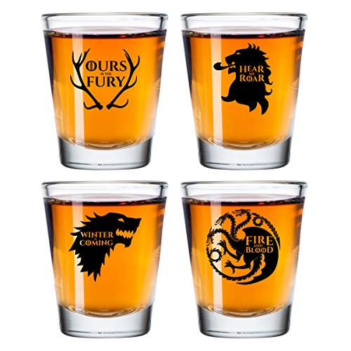 Game of Thrones Inspired Shot Glasses Set of 4 (1.75 oz)- Royal House of Westeros Sigils Stark, Bratheon, Lannister, Targaryen- Gift for Dad, Men, Friends, Him or GOT Fan- Made in USA- Fun Watch Party