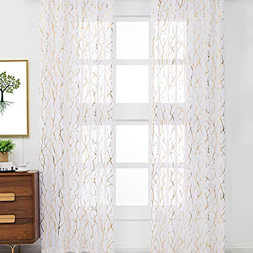 Kotile Gold White Sheer Curtains Metallic Gold Foil Printed Tree