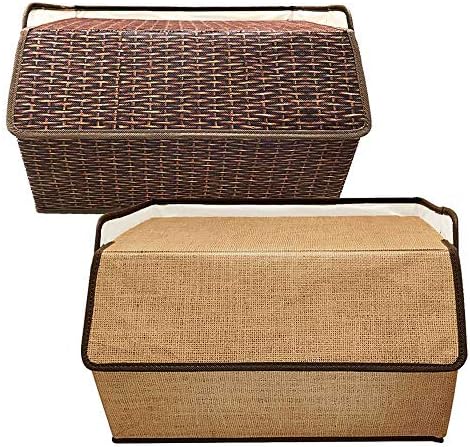 Sandy Storage Box with Lids, Stackable Storage Organizers with Oxfrod Fabric for Clothes,Documents,Medicine and Kids Toys, Set of 2(Rattan Grain&Linen Grain)