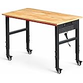 VekMax 48" Workbench with Wheels, Adjustable Height Workbench with Power Strip &amp; Pegboard, 2000LBS Solid Wood Top Work Table with Reinforced Steel Frame for Garage, Workshop, Office, Home
