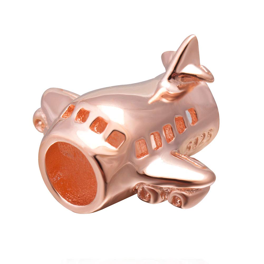 925 Sterling Silver Rose Gold Airplane Charm Plane Charm Flight Charm Travel Charm Christmas Charm for Pandora Charm Bracelet (Rose Gold Plated)