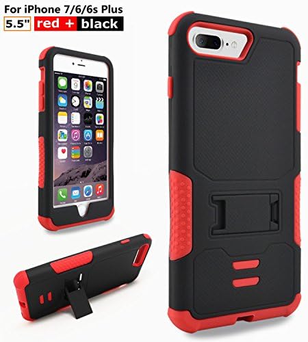iPhone 7 Plus Case,Snopow Rugged Built-In Kickstand Non-Slip Front Face Frame Anti-Scratch Three Layers Heavy Duty Anti-Impact Shock-Absorption Bumper Armor Full Body Cover For iPhone 6/6s Plus-Red