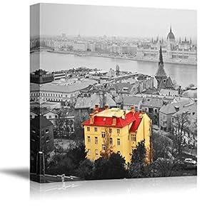 Black and White Photograph of a Town by The River with a Pop of Yellow and Red on a House - Canvas Art Home Art - 12x12 inches