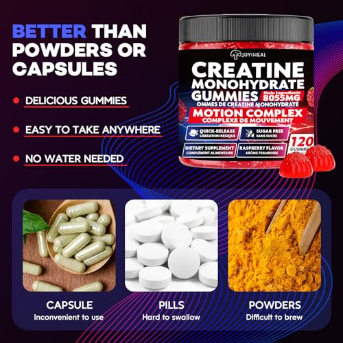 JUYIHEAL 8-in-1 Creatine Monohydrate Gummies, 8055 mg Creatine Complex Gummies for Enhanced Muscle Growth, Energy Boost - with L-Taurine, B6, Sugar Free Creatine Supplement, 120 Count, Vegan, Raspberry Flavor