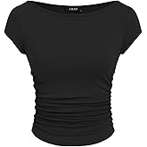 CIDER Women Ruched Crop Top Cap Sleeve Tee Boat Neck Fitted T Shirts