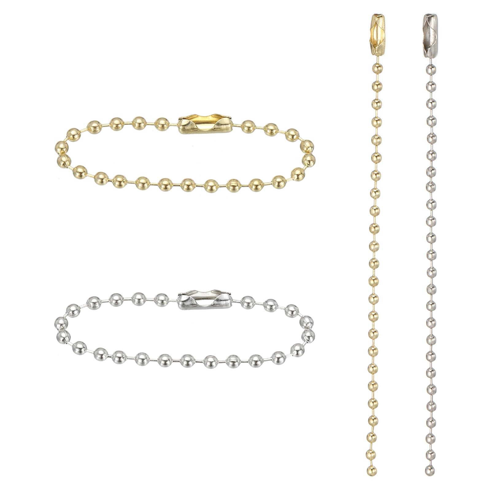 PATIKIL 2.4mm x 100mm Ball Beads Chain, 200 Pack Bead Link Extension Pull Chain with Connectors for Tag Keychain Rings DIY Crafts, Golden Silver