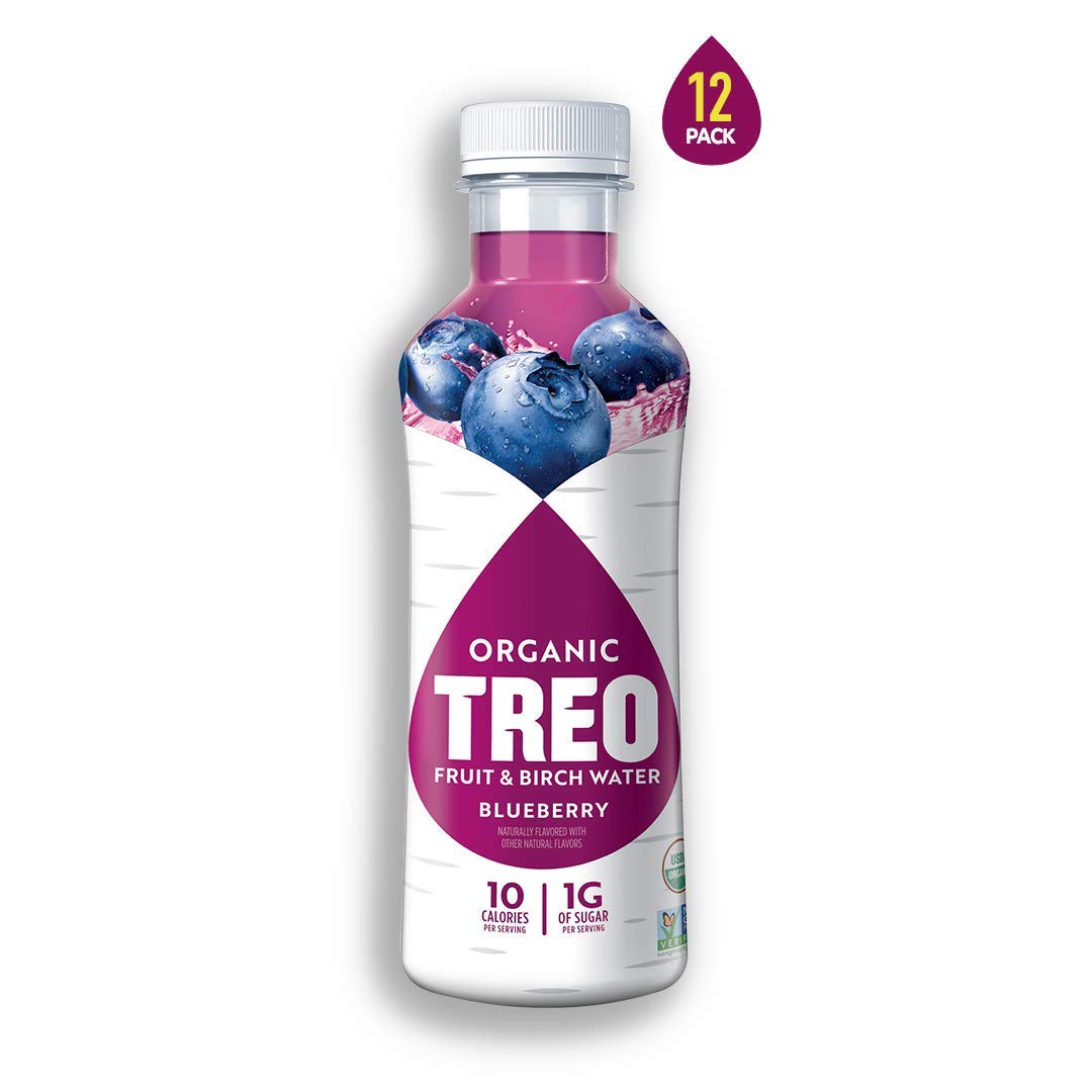 Treo Fruit & Birch Water Drink, Blueberry, USDA Organic, Non-GMO Project Verified, Vegan, Gluten-Free, 10 Calories & 1g of Sugar Per Serving, Good Source of Vitamin C, 16 fl oz, Pack of 12