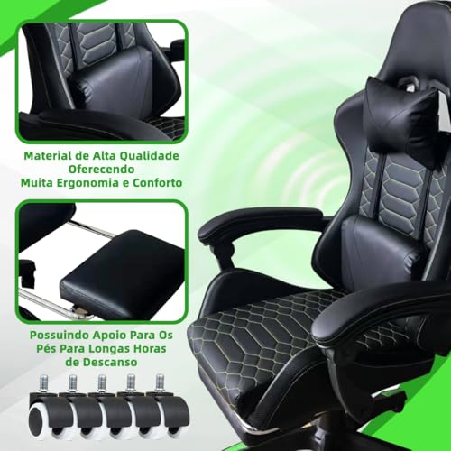 Cadeira Gamer Ergonômica com Conjunto de 5 Rodízios com Travão (Fixação Segura, Mobilidade Controle, Estabilidade) e Apoio Cervical Ajustável (Preto e Verde)