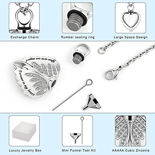 Pinsparkle Cremation Jewelry Angel Wings Necklace Urn Necklace for Ashes Keepsake Memorial Necklace Stainless Steel-You are an angel,Forever in my heart with Funnel Kit and Gift Box
