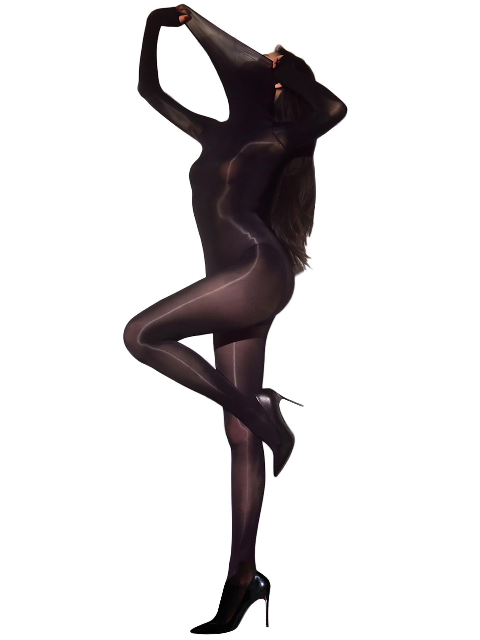 Photo 1 of RUIBAVYA Body Stockings for Women Sexy Full Body Tights Oil Shiny Bodystocking High Neck Nylon Catsuit Shimmer Bodysuit