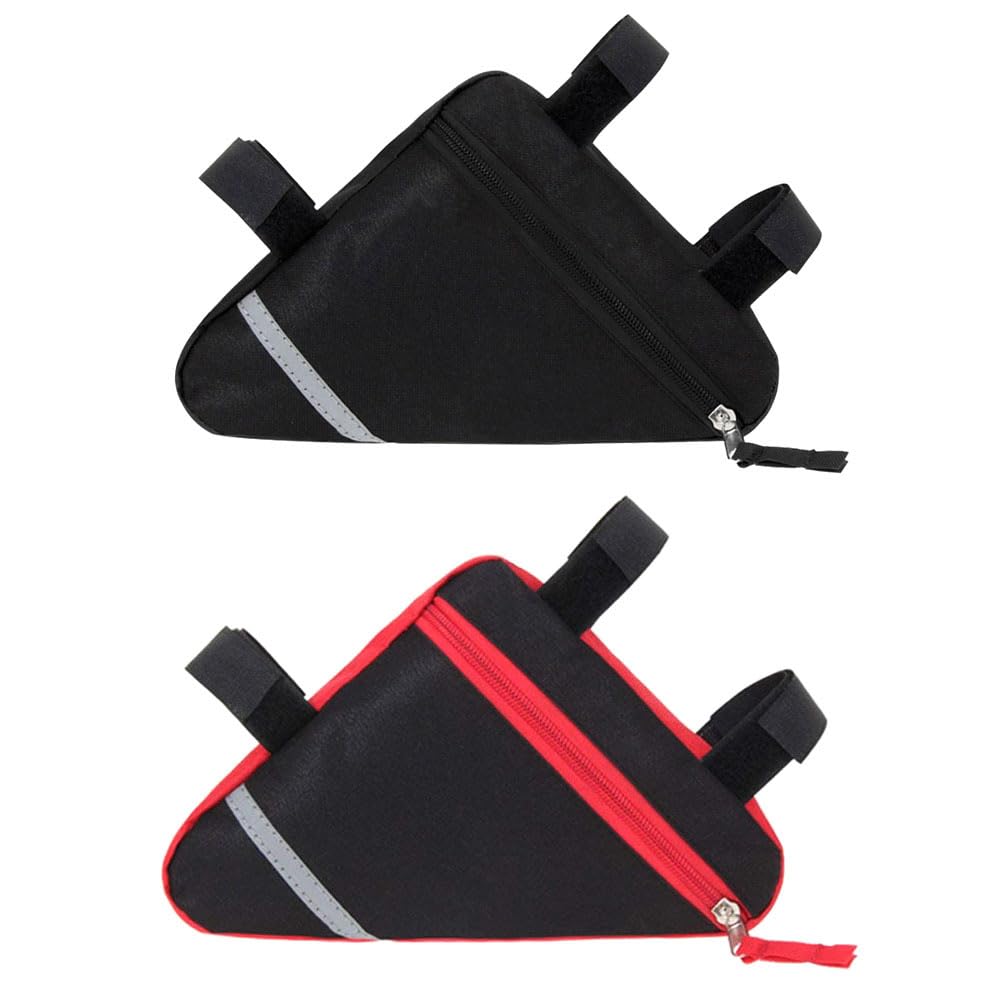 Aiqeer 2 Pcs Bike Triangle Bag, Bicycle Front Frame Triangle Bag, Nylon Waterproof Double-Sided Reflective Decoration (Red + Black)