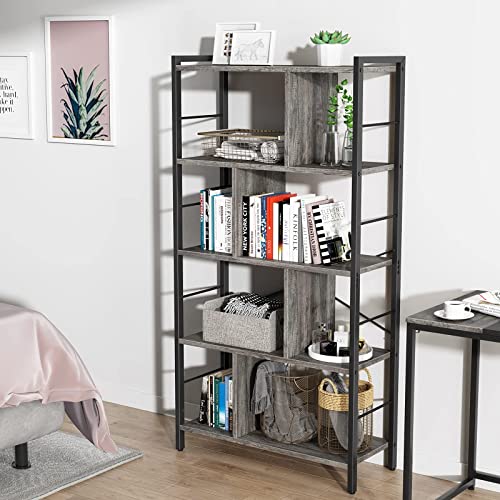 armocity Bookshelf, 5 Tier Tall Modern Bookcase Wood Metal Frame