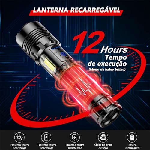 Lanterna Tatica Militar, Lanterna Led Recarregável 10000 Lúmen, com 7 Modos, XHP90.2 Chip e Zoom, Lanterna Potente de Longo Alcance, Acessorios para Acampamento, Pesca, Caminhada, Camping