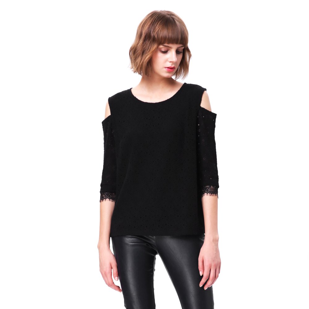 Women Elegant Hollow Out T Shirt Cold Shoulder Loose White Lace Crochet Blouse Tops (38, black)