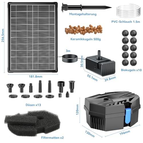 POPOSOAP Solar Fountain with Pond Filter, 8W Solar Fountain and 3000mAh Backup Battery, 8 Spray Modes and 1.5m Hose for Small Outdoor Ponds, Bird Baths
