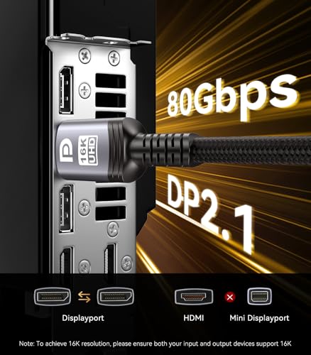 Sniokco 80Gbps DisplayPort Cable 2.1 3M, 16K DP Cable 16K@60Hz 8K@240Hz 4K@540Hz 360Hz 240Hz Compatible with HDR HDCP 2.3 DSC FreeSync G-Sync Monitor Graphics RTX 5090 4090 PC HDTV