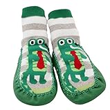 Baby Toddlers Kids Indoor Slipper Shoe Socks Moccasins NON SKID GREEN GREY STRIPE CROCODILE (Age 1-2 (Sole length 14cm))