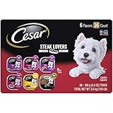 CESAR Soft Wet Dog Food Steak Lovers Variety Pack with Real Meat, (36) 3.5 oz. Easy Peel Trays