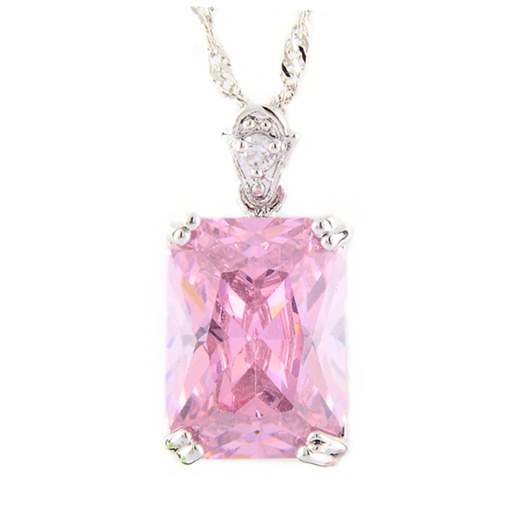 RIZILIA Pendant with 45cm(18") Chain & Rectangular Cut Gemstones CZ [Pink Sapphire] in 18K White Gold Plated, Simple Modern Elegance