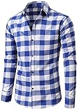 MIEDEON Men's 100% Cotton Long Sleeve Plaid Slim Fit Button Down Dress Shirt,Blue-white,Large