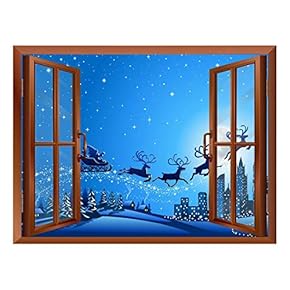Cartoon Santa Claus and Reindeers Flying with Stars at Night - Peel and Stick Self-Adhesive Removable Window View Wall Sticker/Wall Mural - 24"x32"