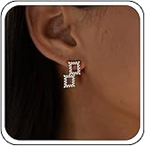 Aneneiceera Vintage Crystal Square Stud Earrings Silver Cz Square Ear Jacket Earring Rhinestone Ear Jacket Earring Halo Geometric Earrings Jewelry for Women