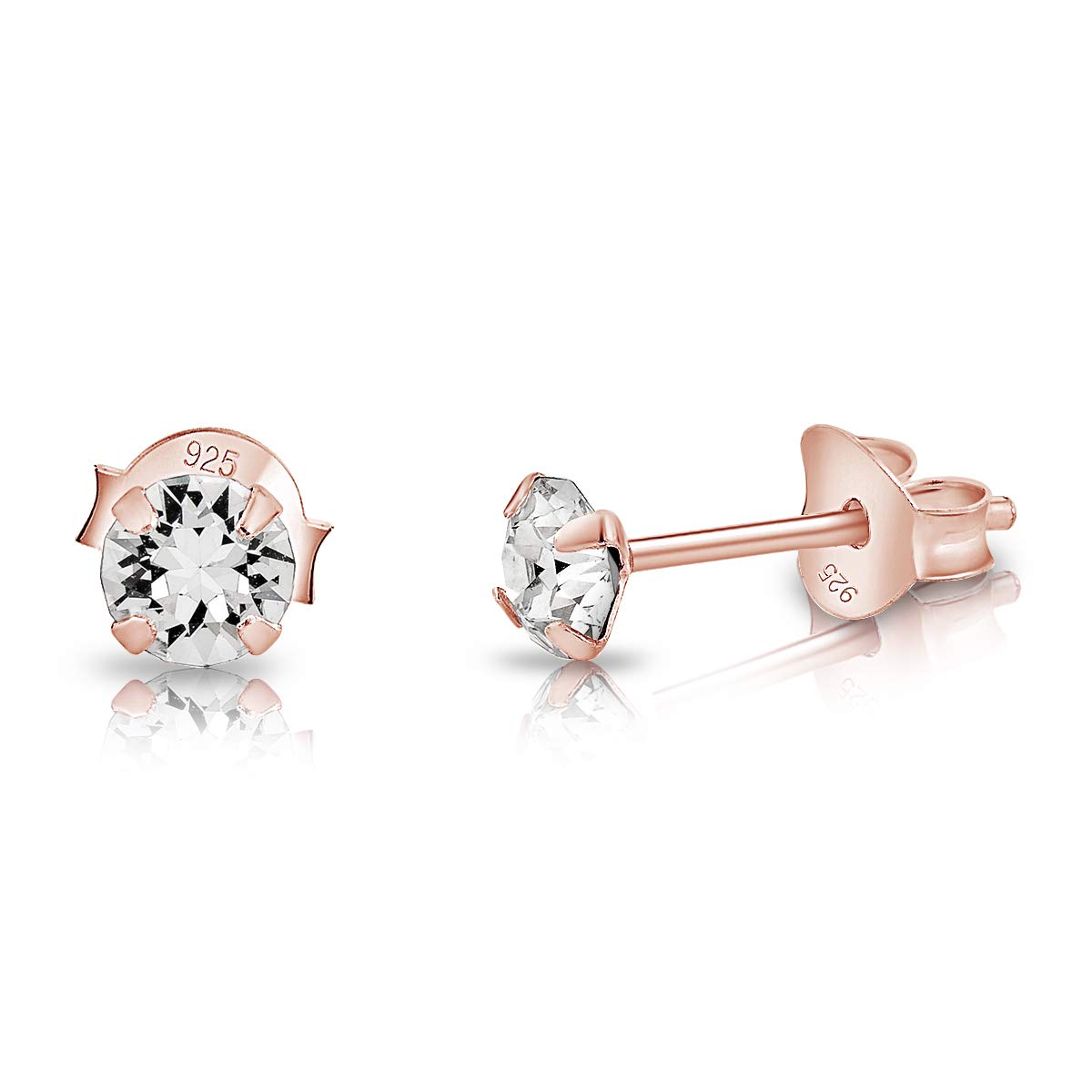 Rose Gold Earrings Women - 925 Sterling Silver Stud Earrings Rose Gold Plated 18K made with Crystal Lights from Swarovski® Elements 4 mm - Tiny Ear Studs