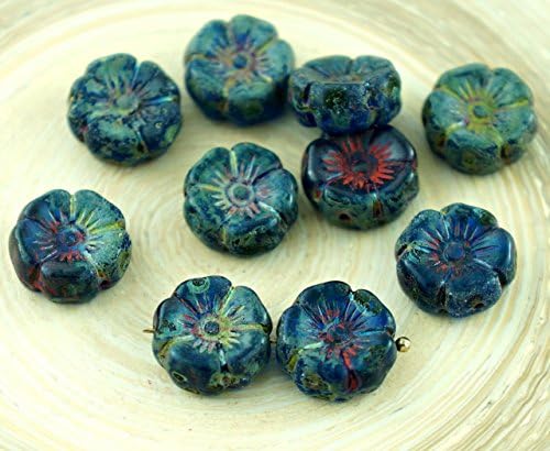 10pcs Rustic Picasso Brown Sapphire Dark Blue Czech Glass Flat Carved Hawaiian Flower Beads Coin 12mm