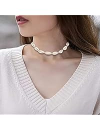 Valyria Cowrie Shell Choker Necklace for Women Adjustable Puka Chips Shell Surfer Choker Necklace Jewelry Set Pearl Cord Necklace