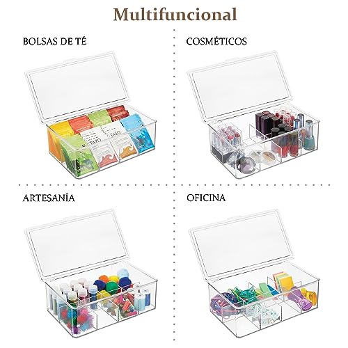 Caja para Té con 8 Compartimentos con Tapa Abatible, Organizador de Te para Infusiones, Bolsas de Té, Sobres de Café y Azúcar, Porta Te de Acrilico para Nevera, Armario, Despensa, Encimeras de Cocina