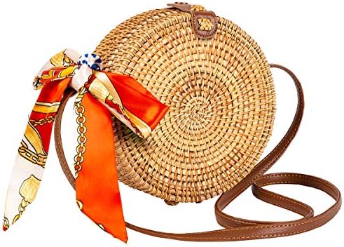 Handwoven Round Rattan Bag for Women Straw Bag Beach Crossbody Purse with Shoulder Straps Lined Boho Handbag