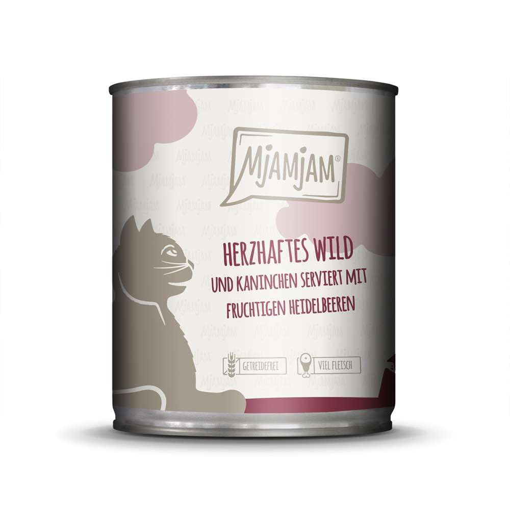 MjAMjAM - premium wet food for cats - hearty game & rabbit with fruity blueberries, pack of 6 (6 x 800 g), grain-free with extra meat