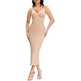 ciksob Shapewear Slips For Under Dress Tummy Control V Neck Long Full Slip Dresses for Women Body Shaper Seamless with Adjustable Strap Beige S