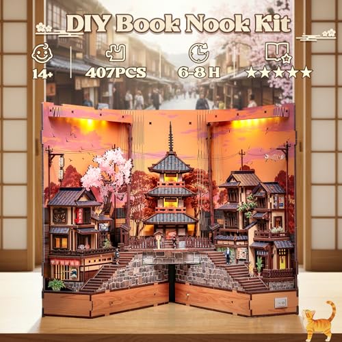 CUTEBEE Book Nook Kit - Maison de Poupée pour Adultes, Scène de Rue Japonaise Miniature, Décoration de Bibliothèque, Cadeau pour la Famille (Twilight Sakura Path)